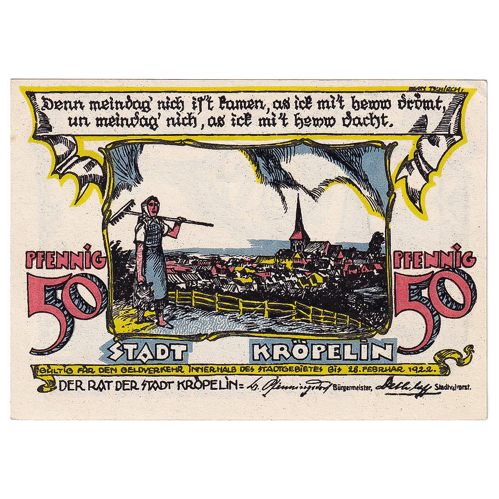 Geldschein, Deutschland, Kröpelin, 50 Pfennig, paysage, 1922 UNZ- Mehl:FS 754.1