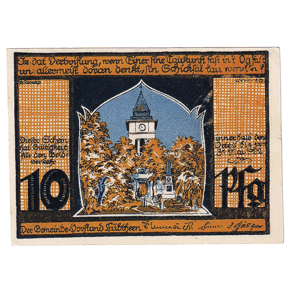 Geldschein, Deutschland, Lübtheen, 10 Pfennig, Eglise, 1922 UNZ- Mehl:FS 834.1