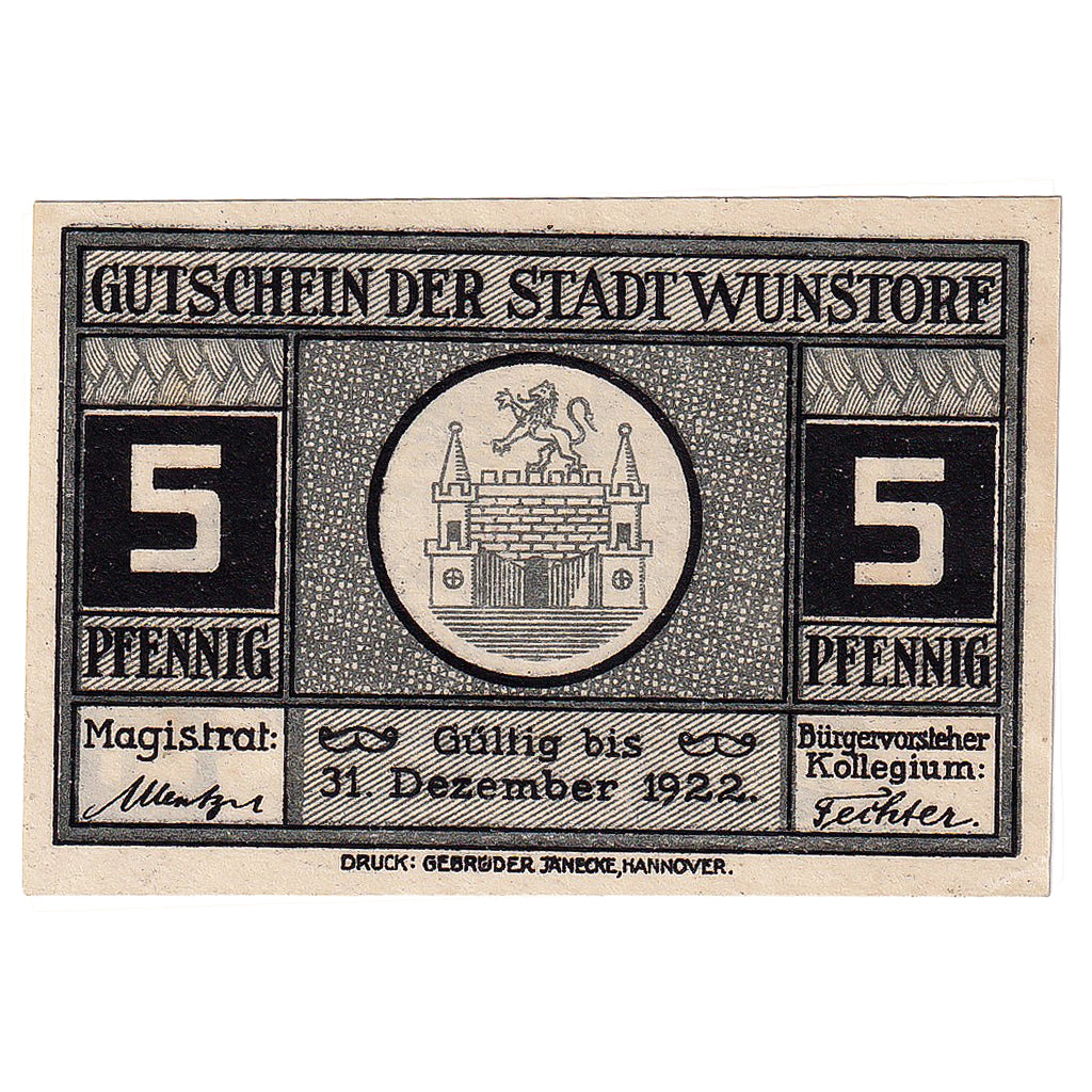 Banknot, Niemcy, Wunstorf, 5 Pfennig, rue, 1922 UNC(63) Mehl:FS 1458.2a