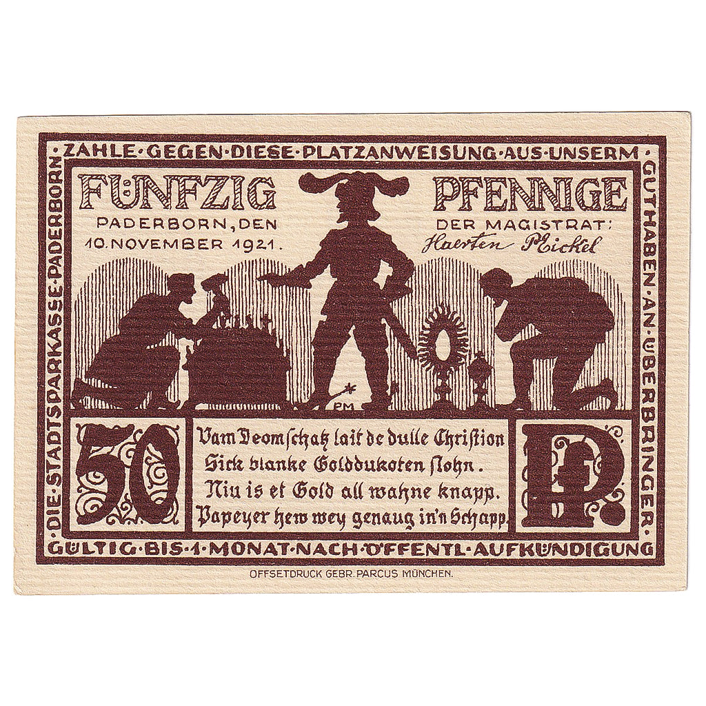 Geldschein, Deutschland, Paderborn, 50 Pfennig, cathédrale 1921 UNZ- Mehl:1043.5