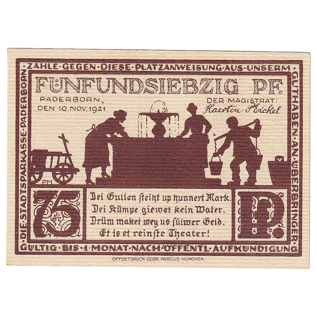Banknot, Niemcy, Paderborn, 75 Pfennig, fontaine, 1921 UNC(63) Mehl:1043.5