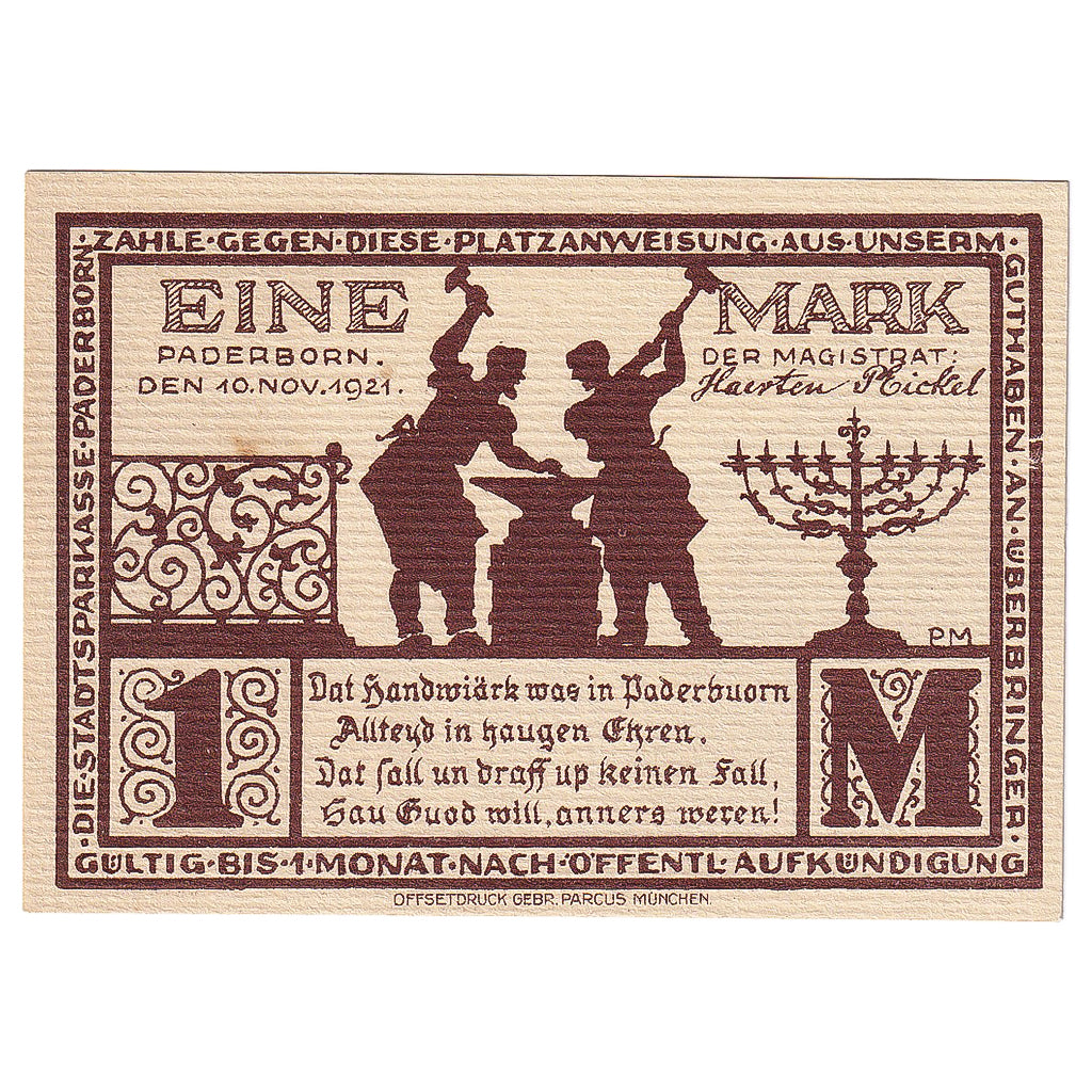 Banconote, Germania, Paderborn, 1 Mark, Eglise 1921-11-10, SPL Mehl:1043.5