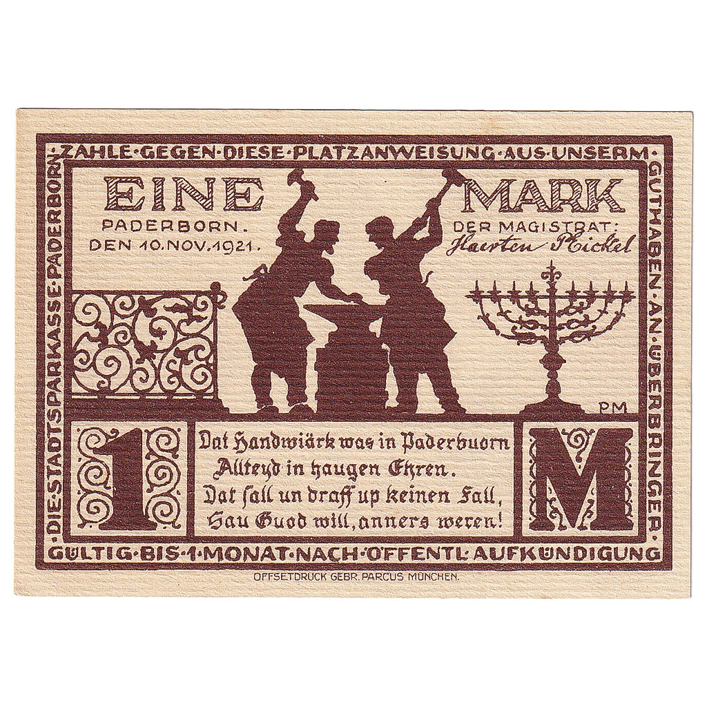 Banconote, Germania, Paderborn, 1 Mark, mairie 1921-11-10, SPL Mehl:1043.5