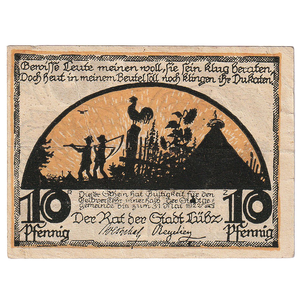 Banknot, Niemcy, Lübz, 10 Pfennig, champs, 1922-05-31, EF(40-45) Mehl:835.1