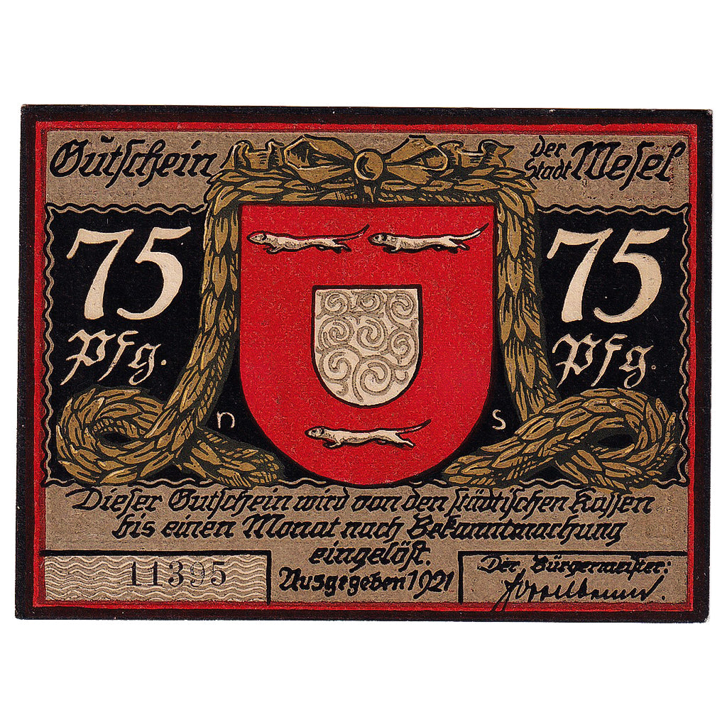 Geldschein, Deutschland, Wesel, 75 Pfennig, Blason, 1921, UNZ-, Mehl:1409.1a
