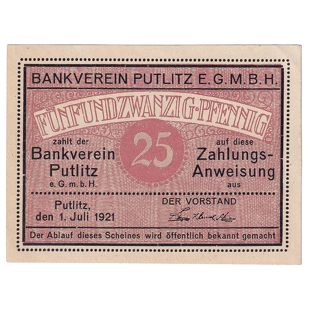 Geldschein, Deutschland, Putlitz, 25 Pfennig, château 1921-07-01, UNZ- Mehl:5815