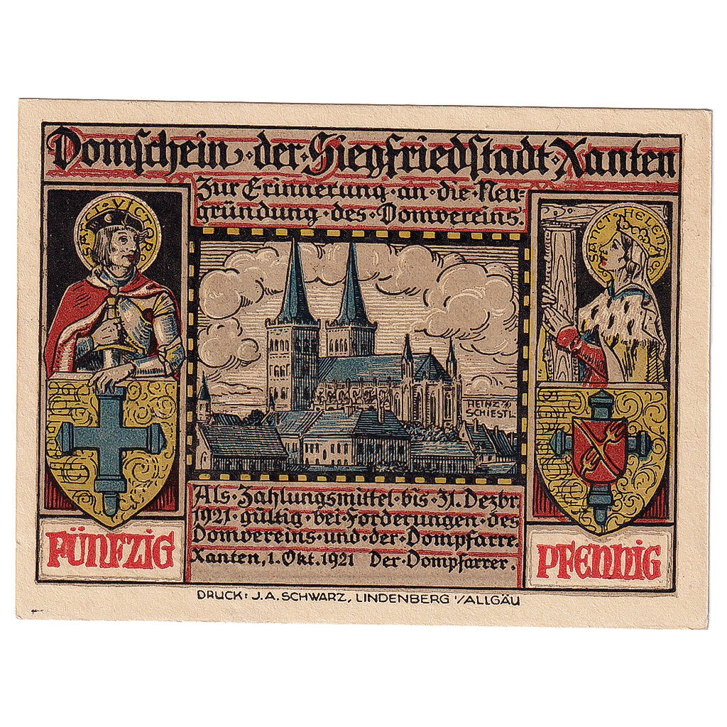Geldschein, Deutschland, Xanten, 50 Pfennig, château 1921 UNZ- Mehl:1464.1b