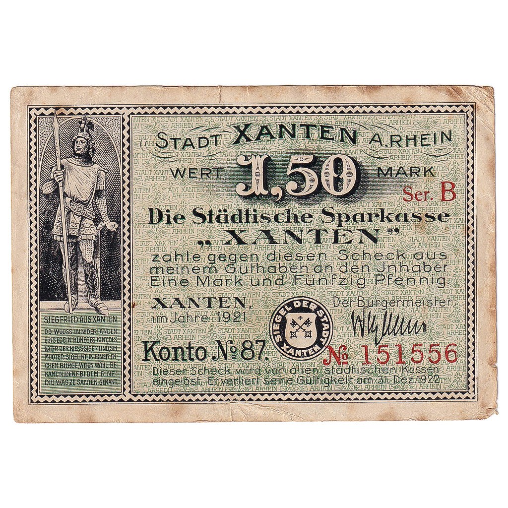 Banconote, Germania, Xanten, 1.5 Mark, château, 1921, MB, Mehl:1464.1