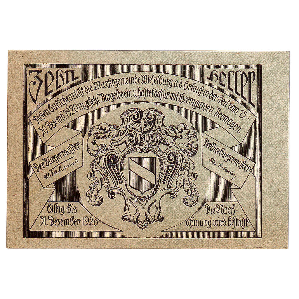 Geldschein, Deutschland, Wieselburg, 10 Pfennig, Blason 1920 UNZ- Mehl:1231a