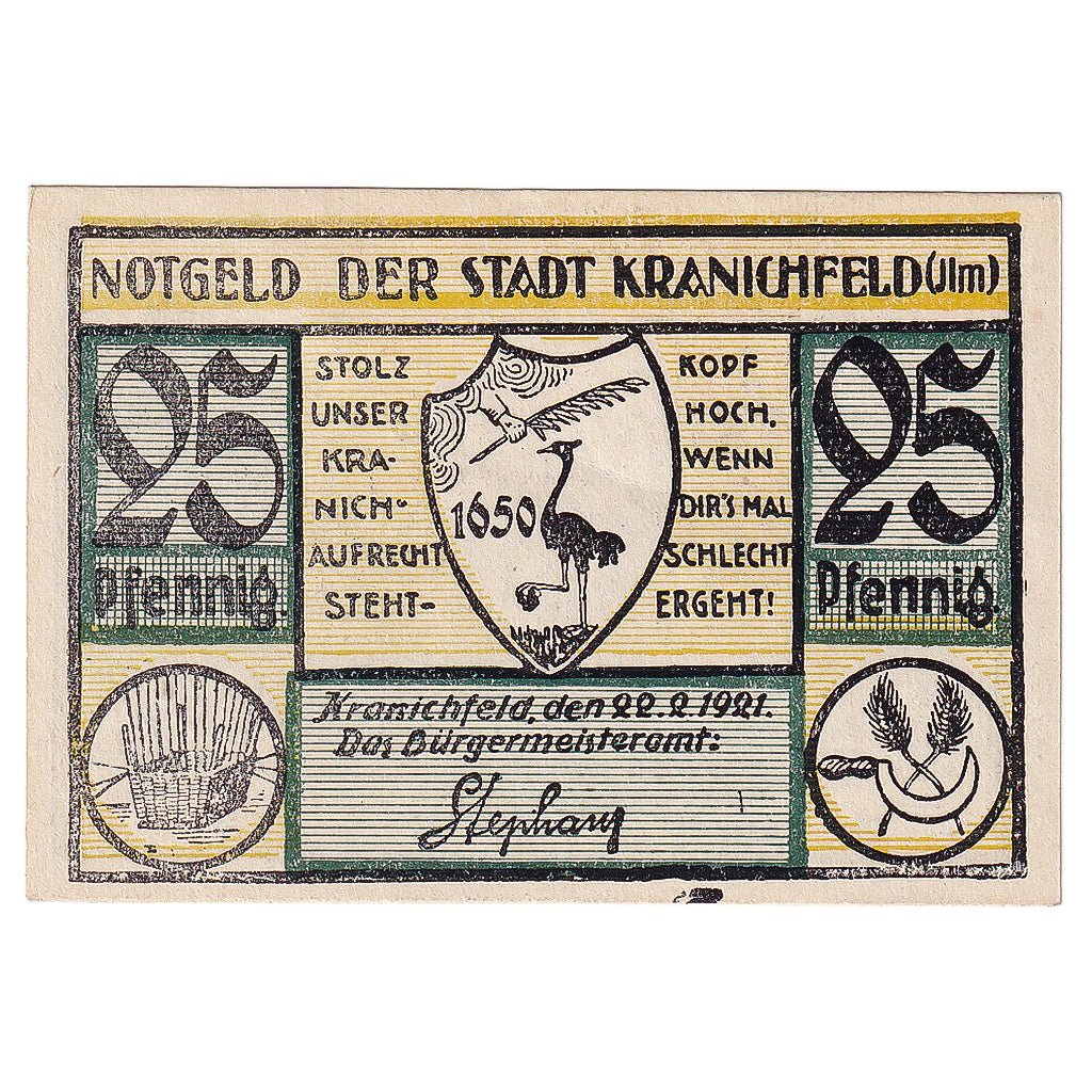 Geldschein, Deutschland, Kranichfeld, 25 Pfennig, village, 1921 UNZ- Mehl:741.1c