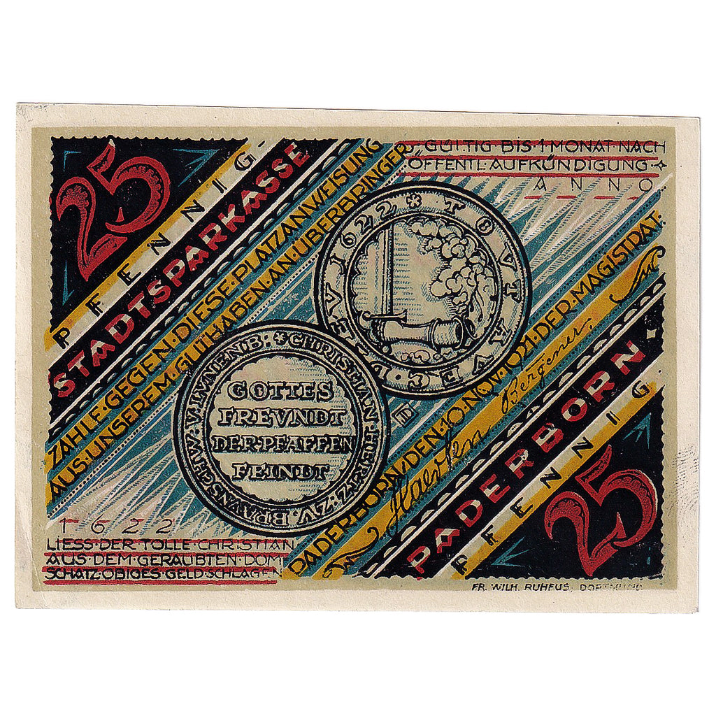 Banconote, Germania, Paderborn, 25 Pfennig, Blason, 1921 SPL Mehl:1043.3