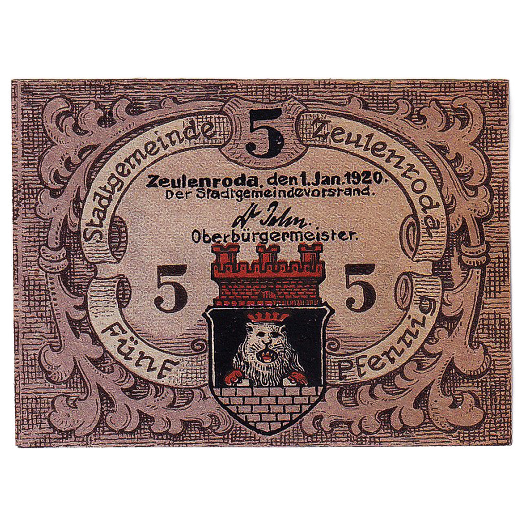 Banknot, Niemcy, Zeulenroda, 5 Pfennig, Blason 1920-01-01, UNC(63) Mehl:Z8.8a