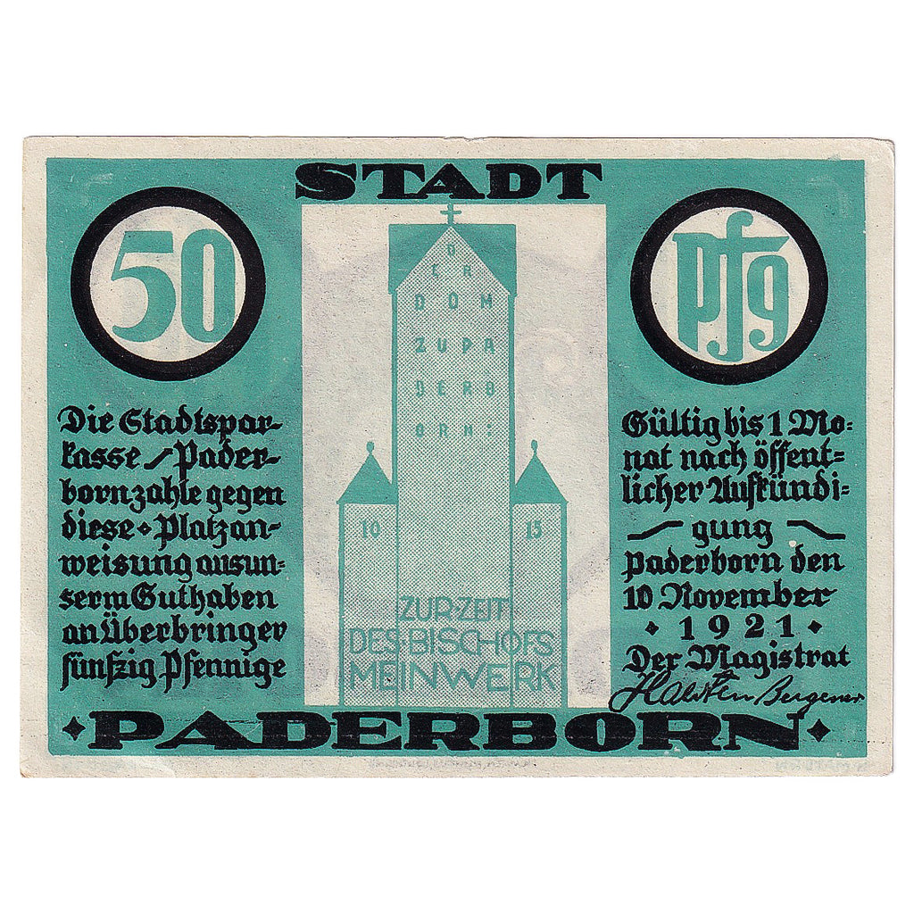 Geldschein, Deutschland, Paderborn, 50 Pfennig, personnage 1921 UNZ- Mehl:1043.1