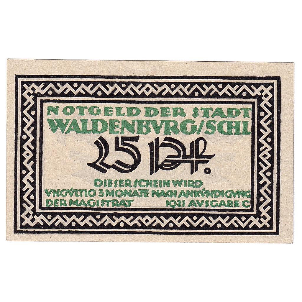 Banknot, Niemcy, Waldenburg, 25 Pfennig, paysage, 1921, UNC(63), Mehl:1371.14