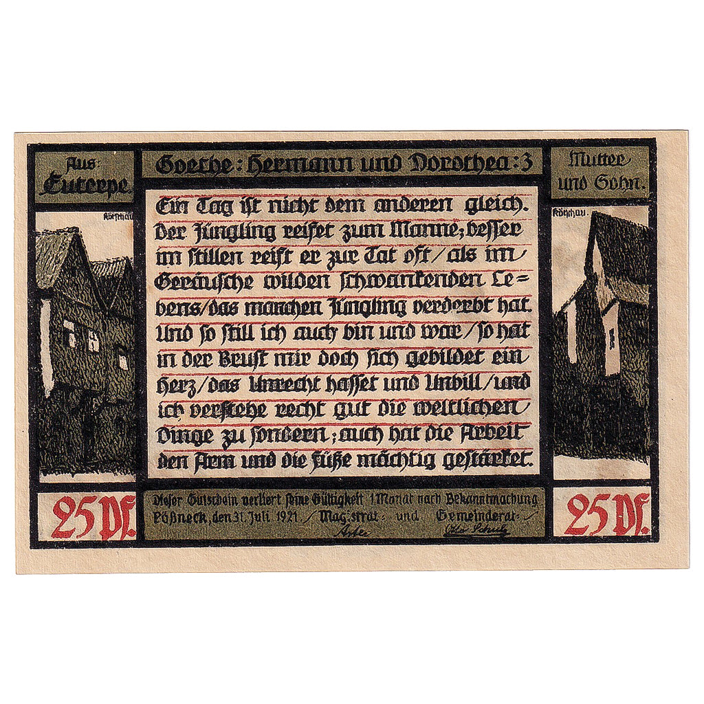 Banknot, Niemcy, Possneck, 25 Pfennig, paysage 1921-07-31, UNC(63) Mehl:1066.3