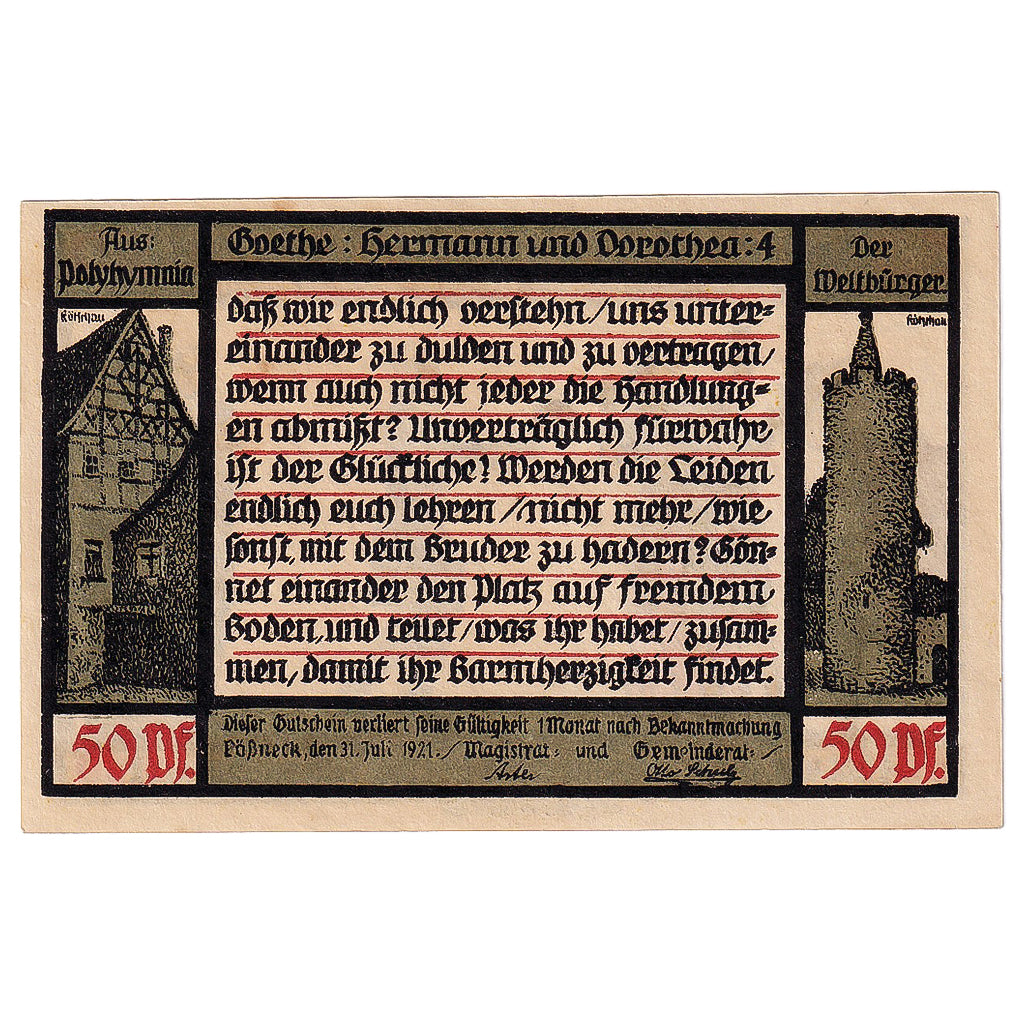 Geldschein, Deutschland, Possneck, 50 Pfennig, personnage, 1921 UNZ- Mehl:1066.3