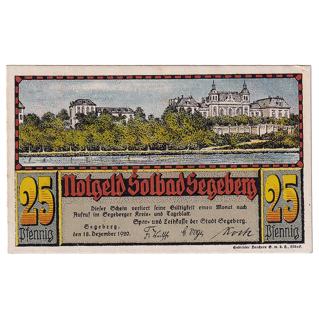 Banknot, Niemcy, Segeberg, 25 Pfennig, fleuve, 1920 UNC(63) Mehl:1218.1