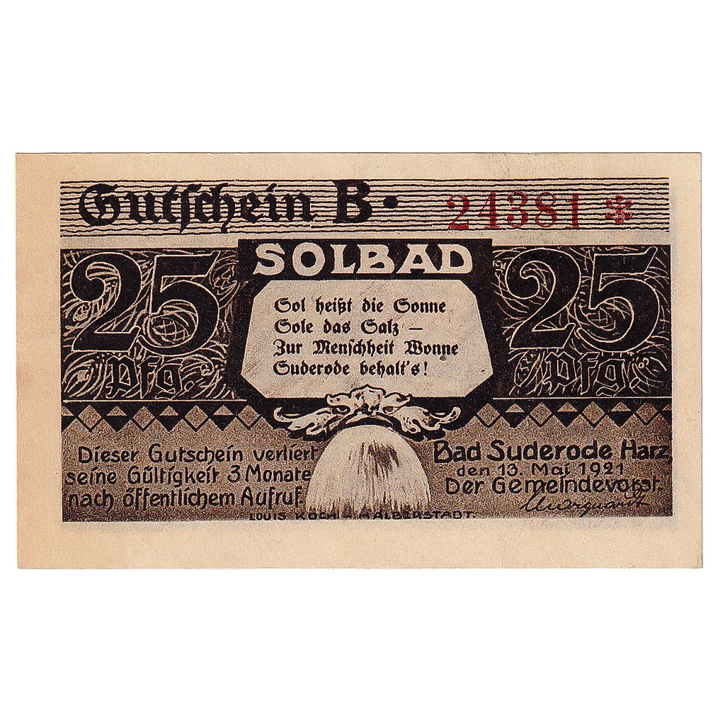 Geldschein, Deutschland, Suderode 25 Pfennig, route, 1921 UNZ- Mehl:1292.1a