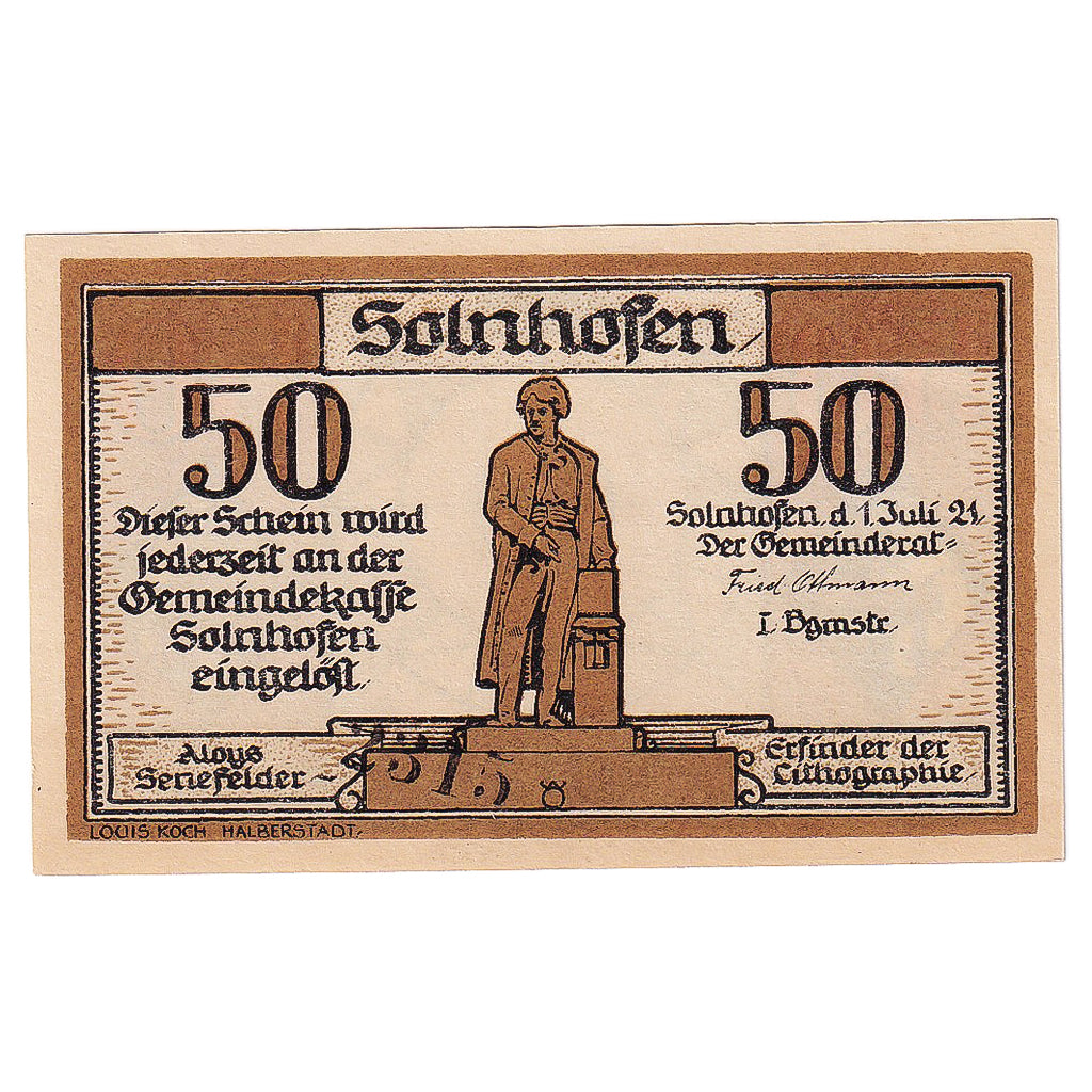 Banconote, Germania, Solnhofen, 50 Pfennig, statue, 1921 SPL Mehl:1236.1a