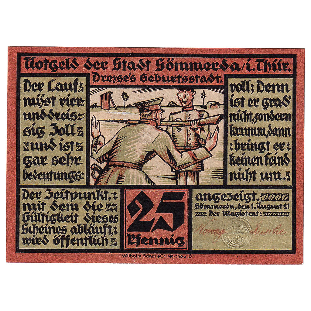 Banknot, Niemcy, Sömmerda, 25 Pfennig, soldat 1921-08-01, UNC(63) Mehl:1230.1