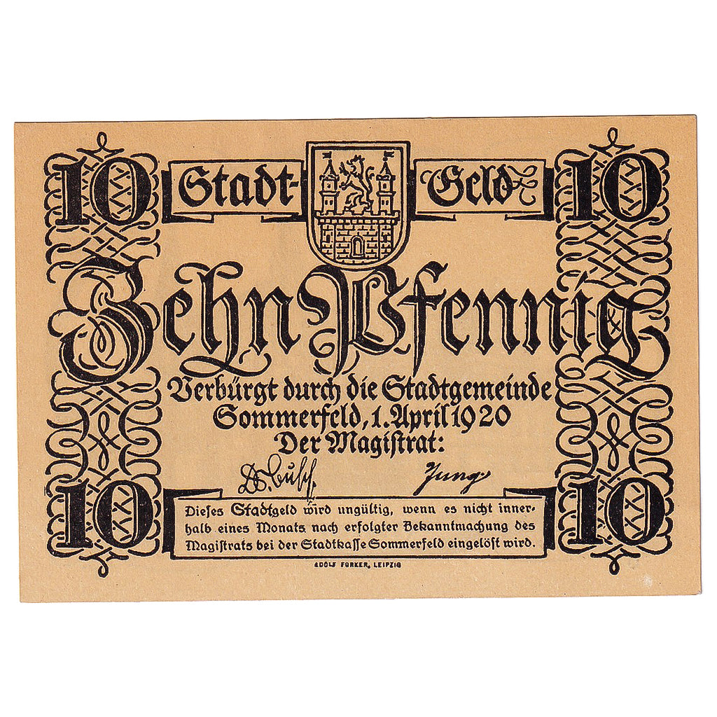 Geldschein, Deutschland, Sommerfeld, 10 Pfennig, Eglise 1920 UNZ- Mehl:S85.6