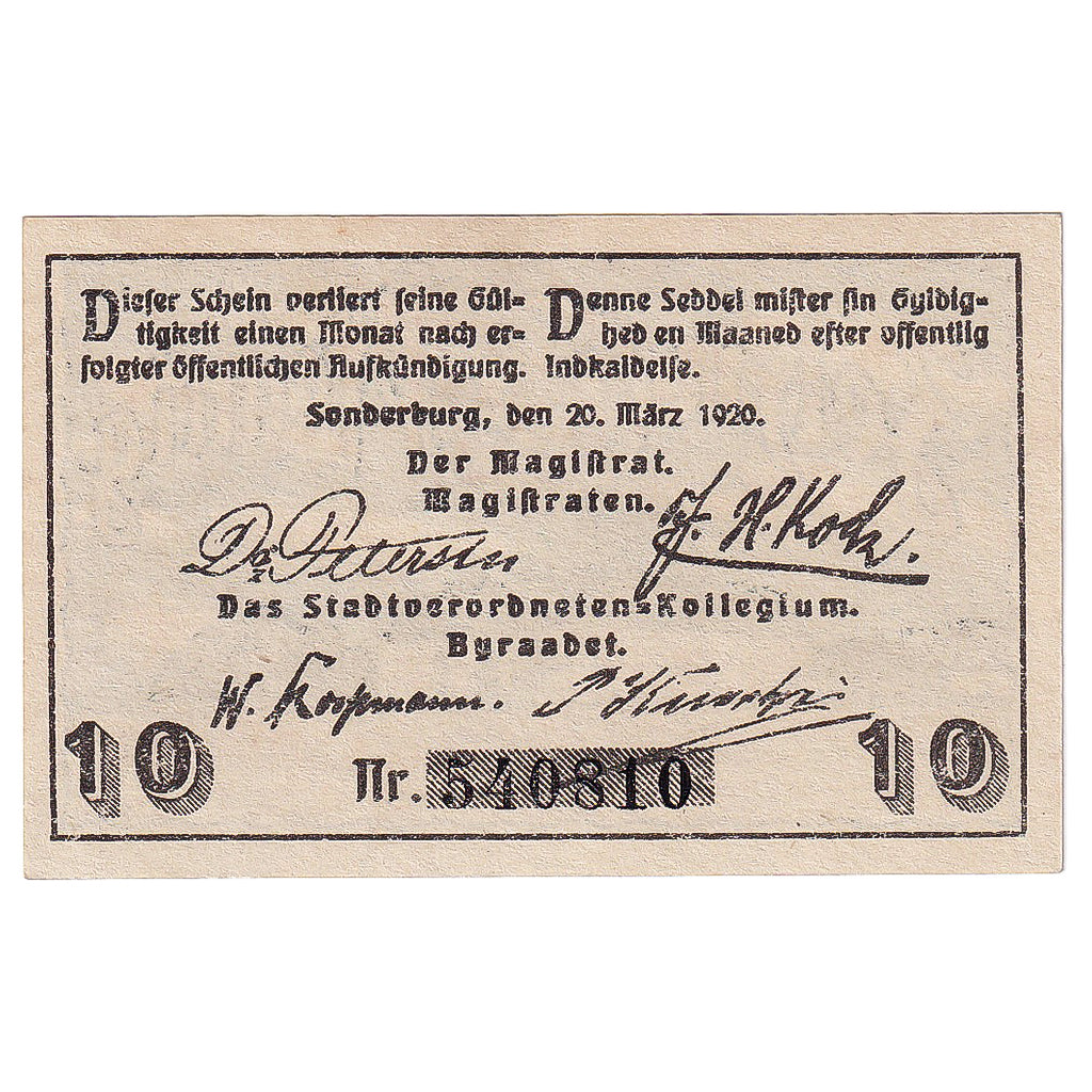 Banconote, Germania, Sonderburg, 10 Pfennig, château, 1920 SPL Mehl:1240.1