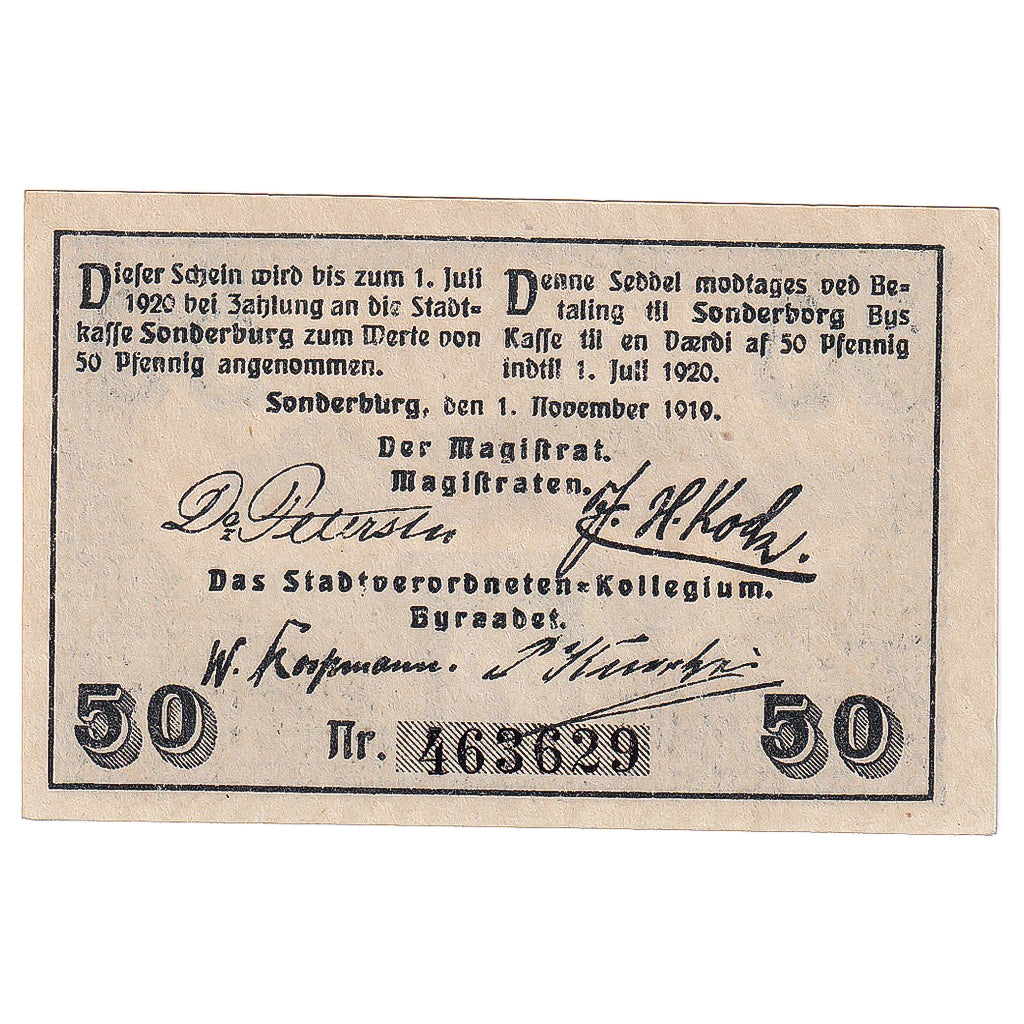 Geldschein, Deutschland, Sonderburg, 50 Pfennig, paysage, 1920 UNZ- Mehl:1240.1