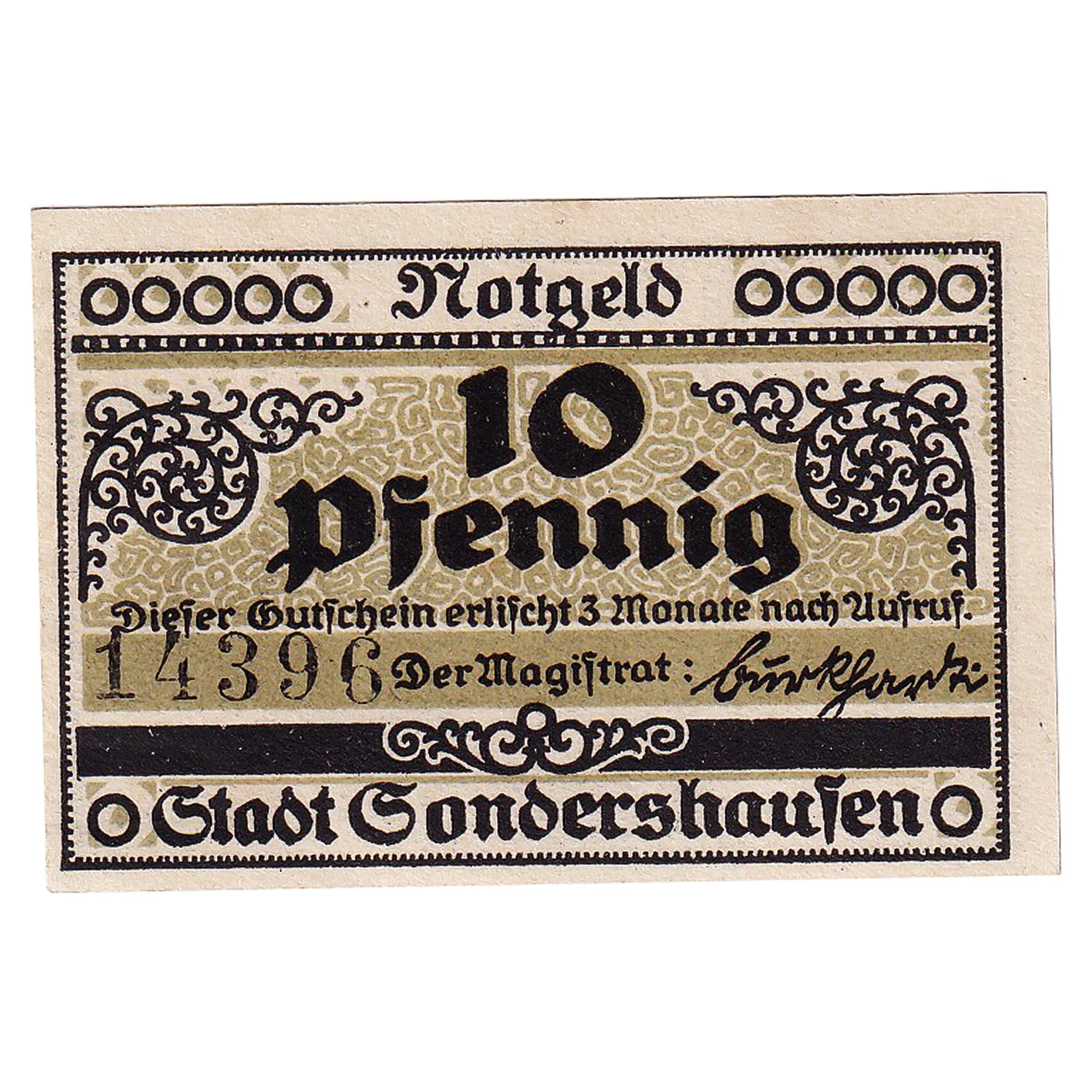 Geldschein, Deutschland Sondershausen 10Pfennig Eglise, 1921, UNZ- Mehl:1241.3
