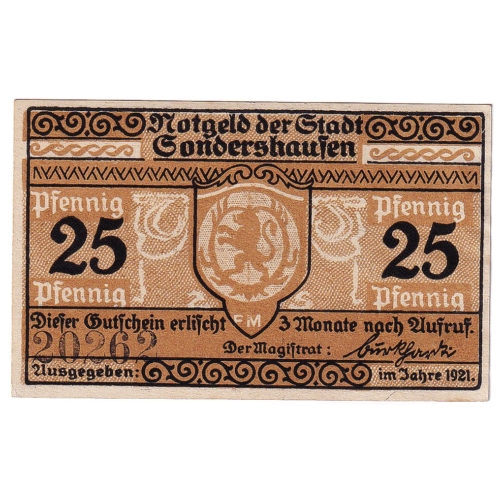 Banknot, Niemcy, Sondershausen, 25 Pfennig, Blason, 1920, UNC(63) Mehl:1241.1