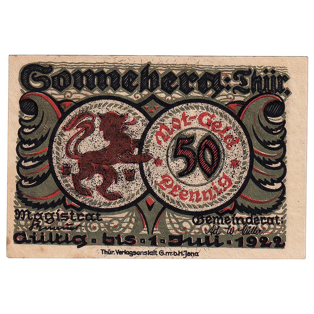 Geldschein, Deutschland, Sonneberg, 50 Pfennig, Lion, 1922 UNZ- Mehl:1244.2