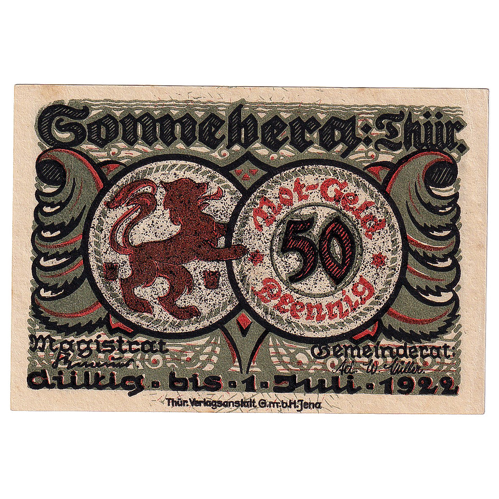 Geldschein, Deutschland, Sonneberg, 50 Pfennig, Blason 2, 1922 UNZ- Mehl:1244.2