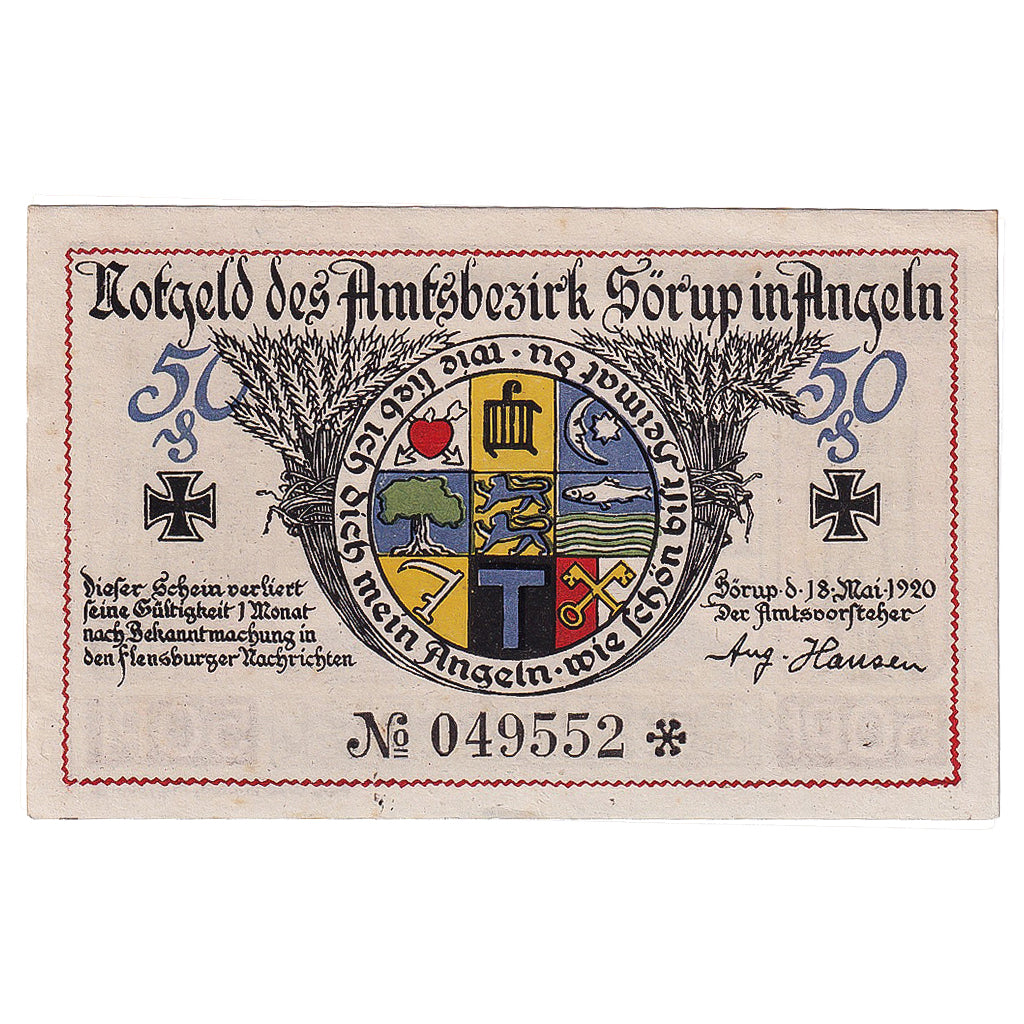 Banconote, Germania, Sörup, 50 Pfennig, Blason 1920-05-18, SPL Mehl:1231.1