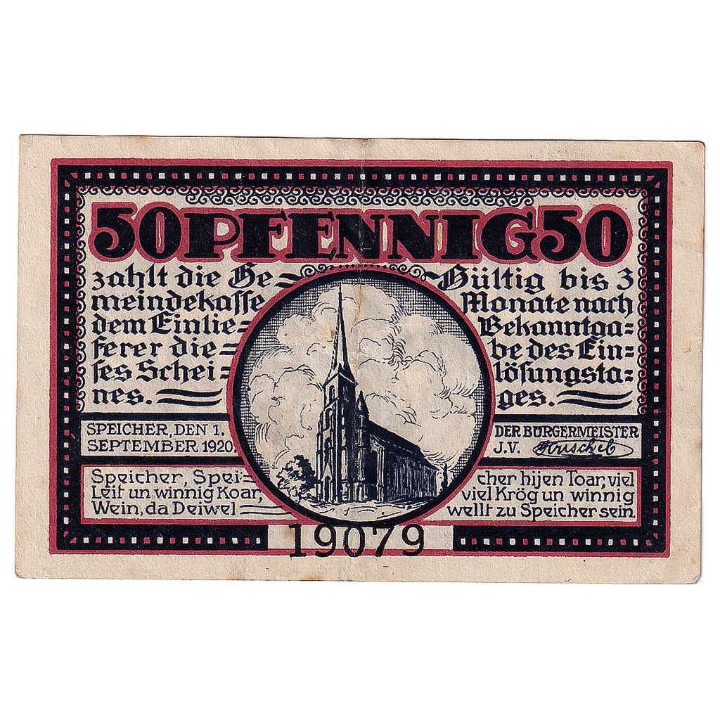 Geldschein, Deutschland, Speicher, 50 Pfennig, Eglise, 1920, VZ Mehl:S93.1b