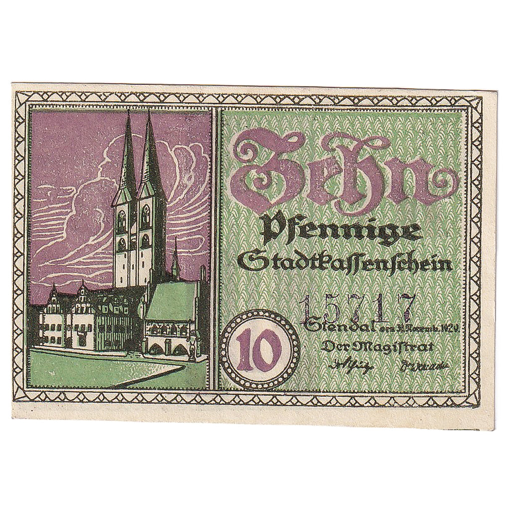 Geldschein, Deutschland, Stendal, 10 Pfennig, Eglise, 1920 UNZ- Mehl:S109.4e
