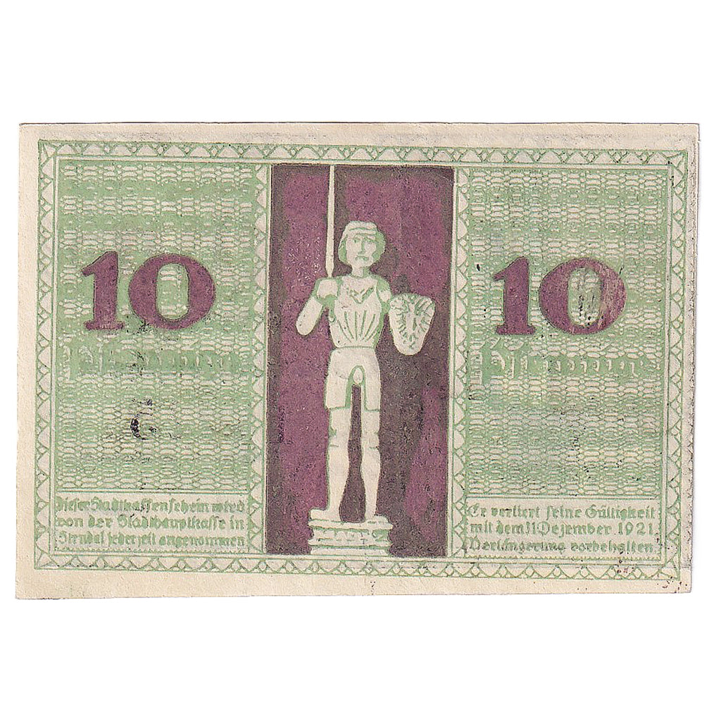 Geldschein, Deutschland, Stendal, 10 Pfennig, Eglise, 1920 UNZ- Mehl:S109.4e