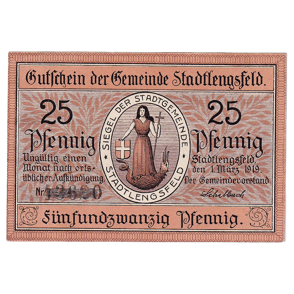 Geldschein, Deutschland, Stadtlengsfeld, 25 Pfennig 1919 UNZ- Mehl:S98.13a
