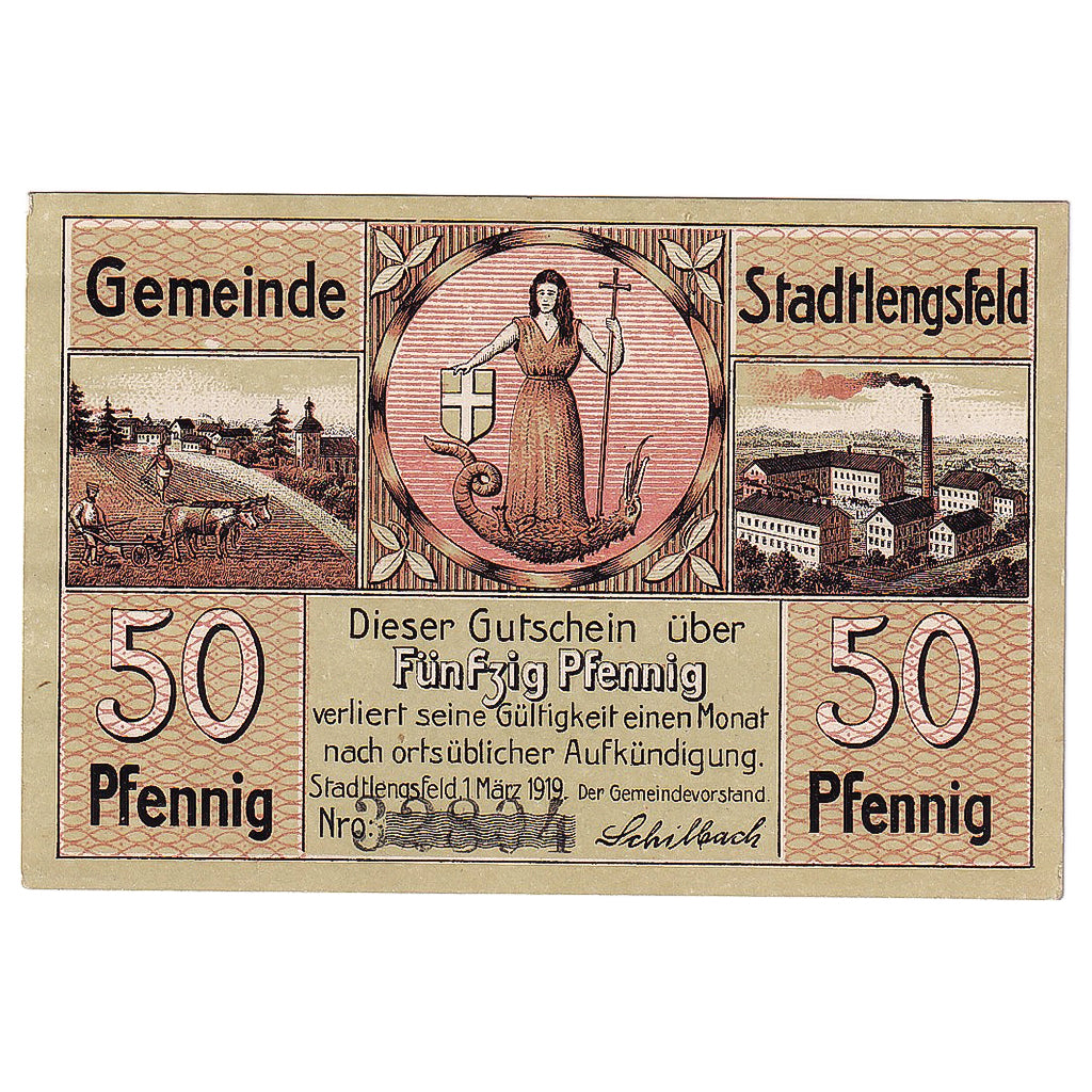 Geldschein, Deutschland, Stadtlengsfeld, 50 Pfennig Usine 1919 UNZ- Mehl:S98.13a