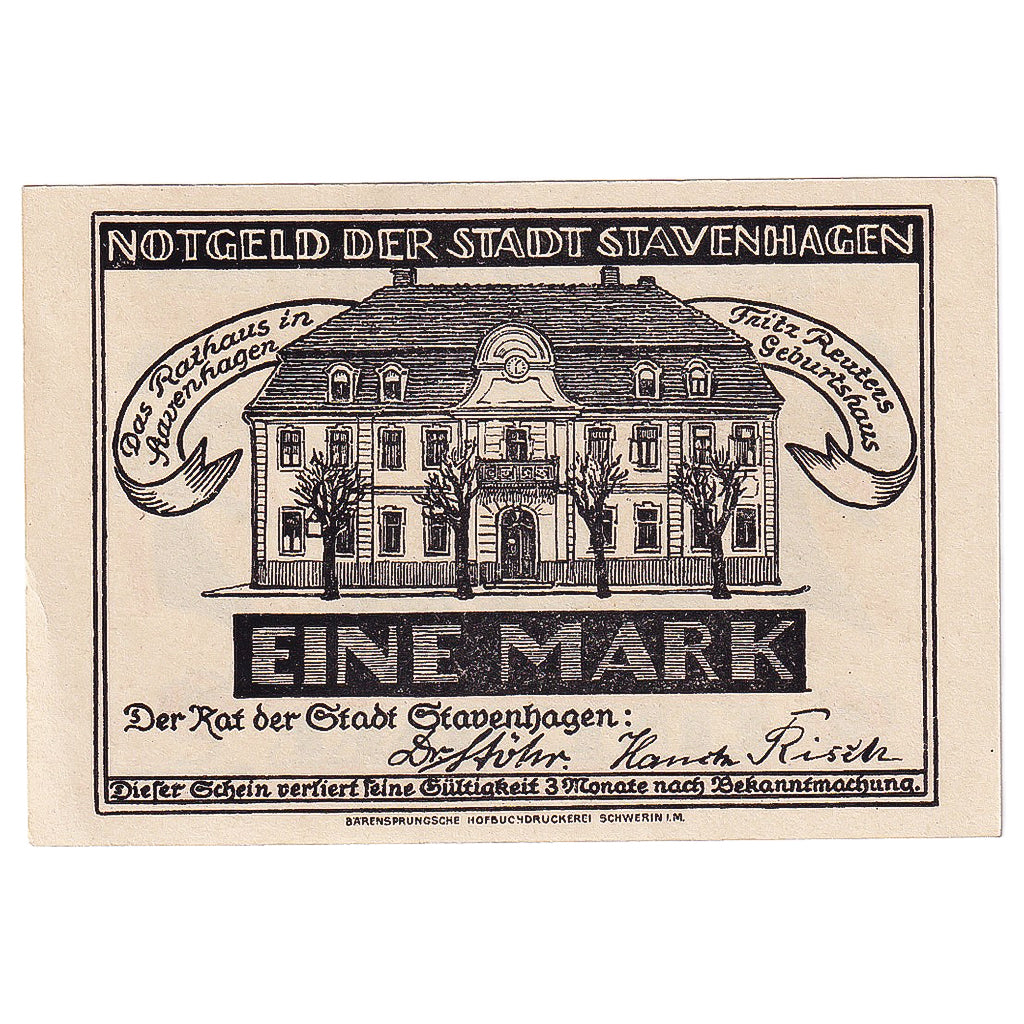 Banconote, Germania, Stavenhagen, 1 Mark, mairie, 1921, SPL, Mehl:1257.1