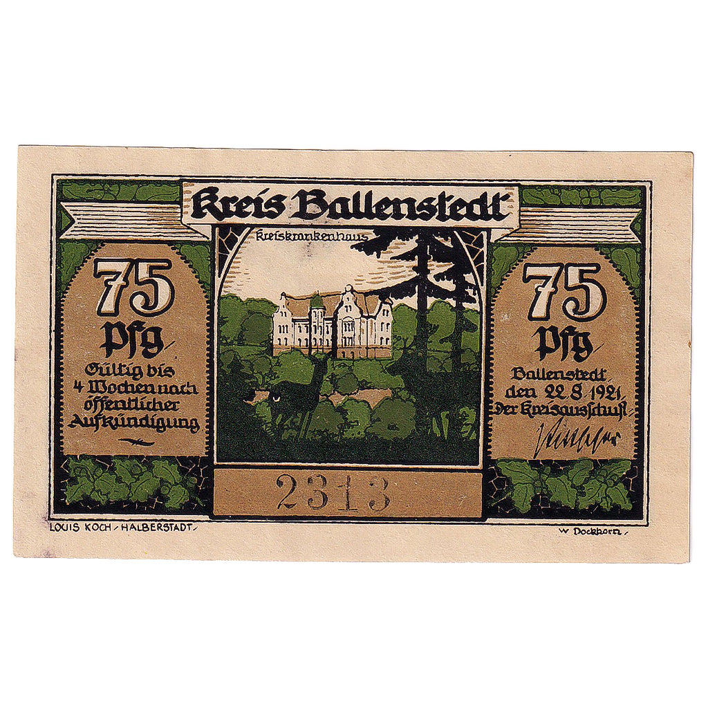Banknot, Niemcy, Ballenstedt, 75 Pfennig, château 1921-08-22, UNC(63) Mehl:60.1