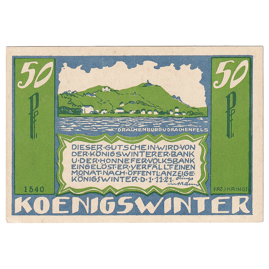 Banconote, Germania, Koenigswinter, 50 Pfennig, paysage, 1921 SPL Mehl:730.2