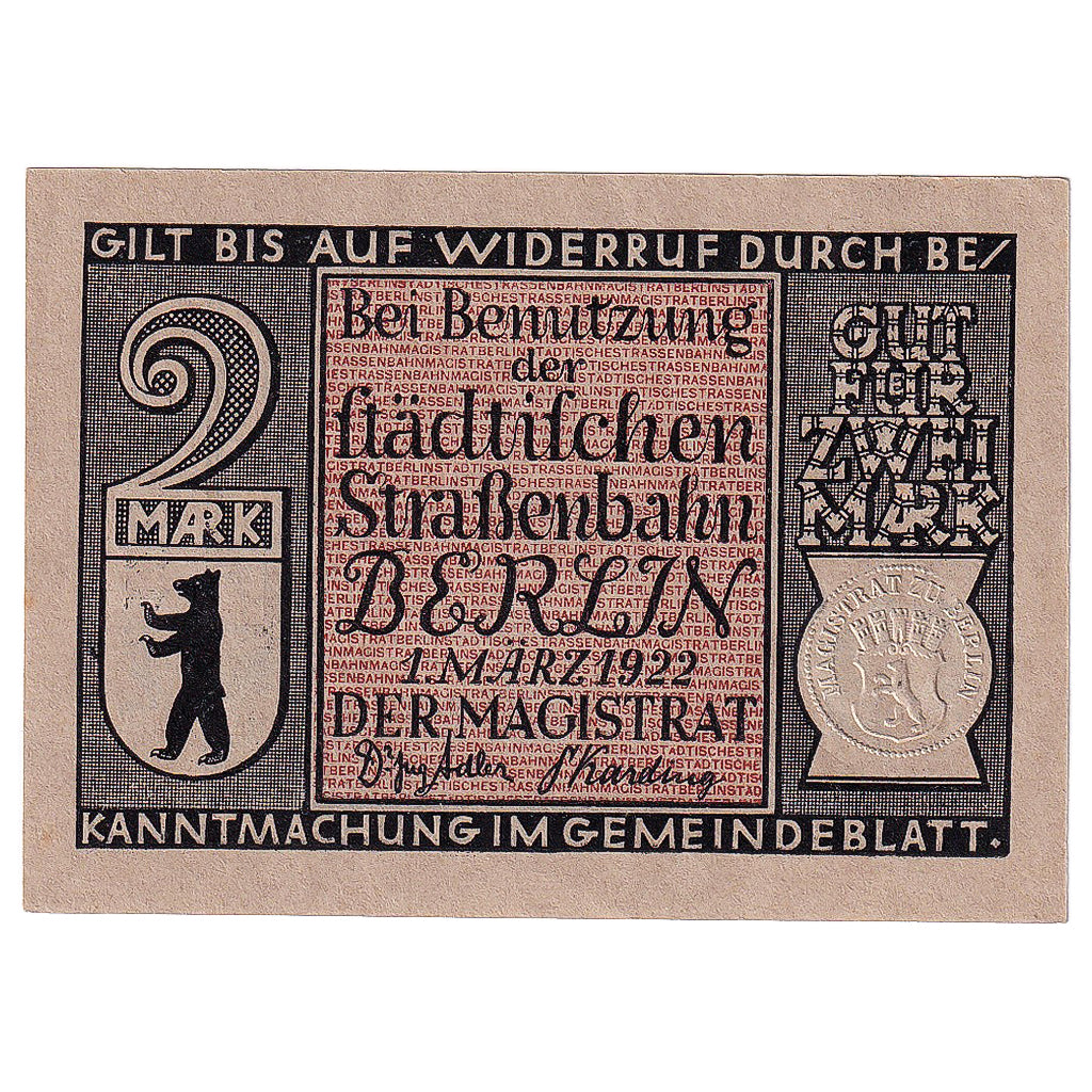 Banknot, Niemcy, Berlin, 2 Mark, train, 1922, 1922-03-01, UNC(63), Mehl:92.3