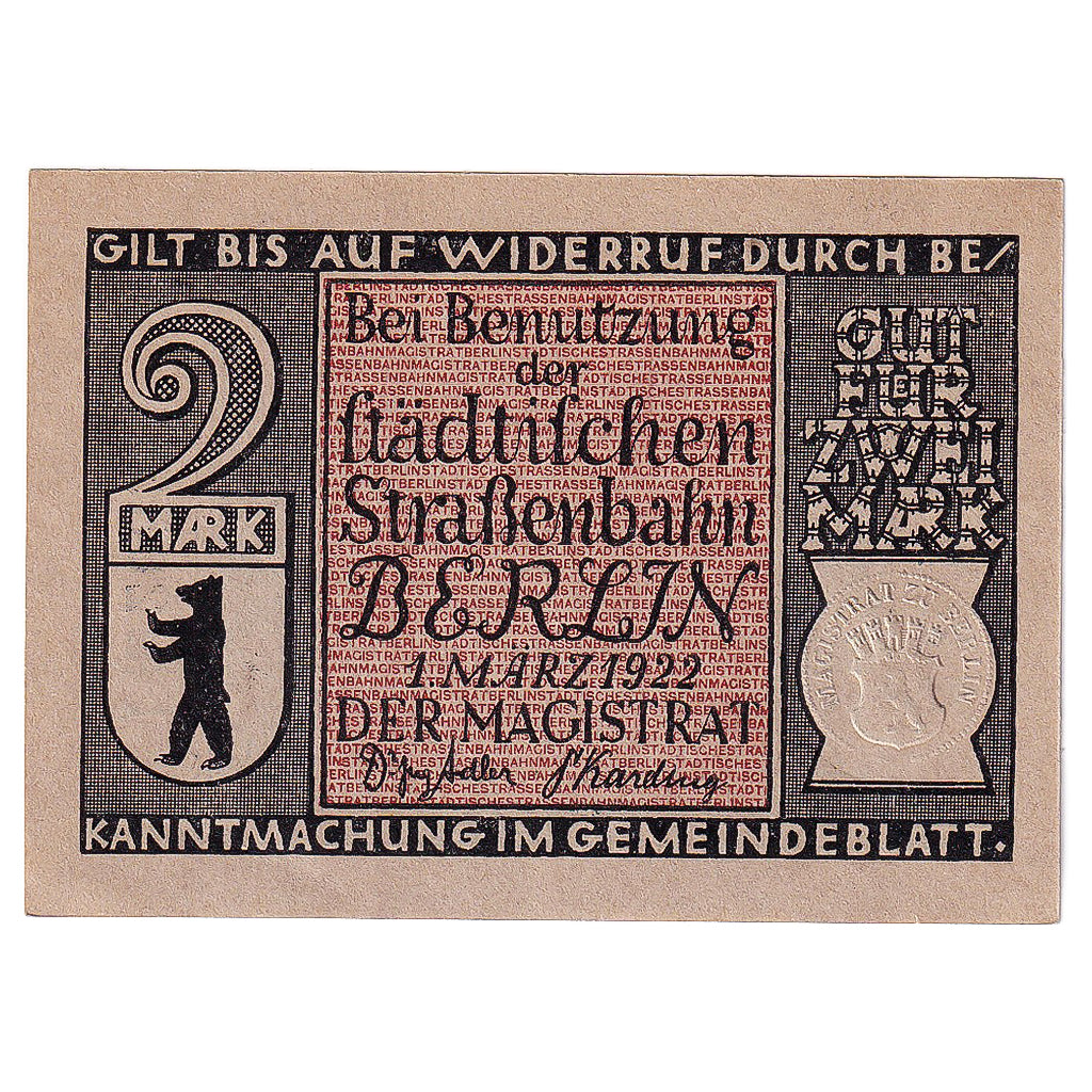 Banknot, Niemcy, Berlin, 2 Mark, Ville, 1922, 1922-03-01, UNC(63), Mehl:92.3