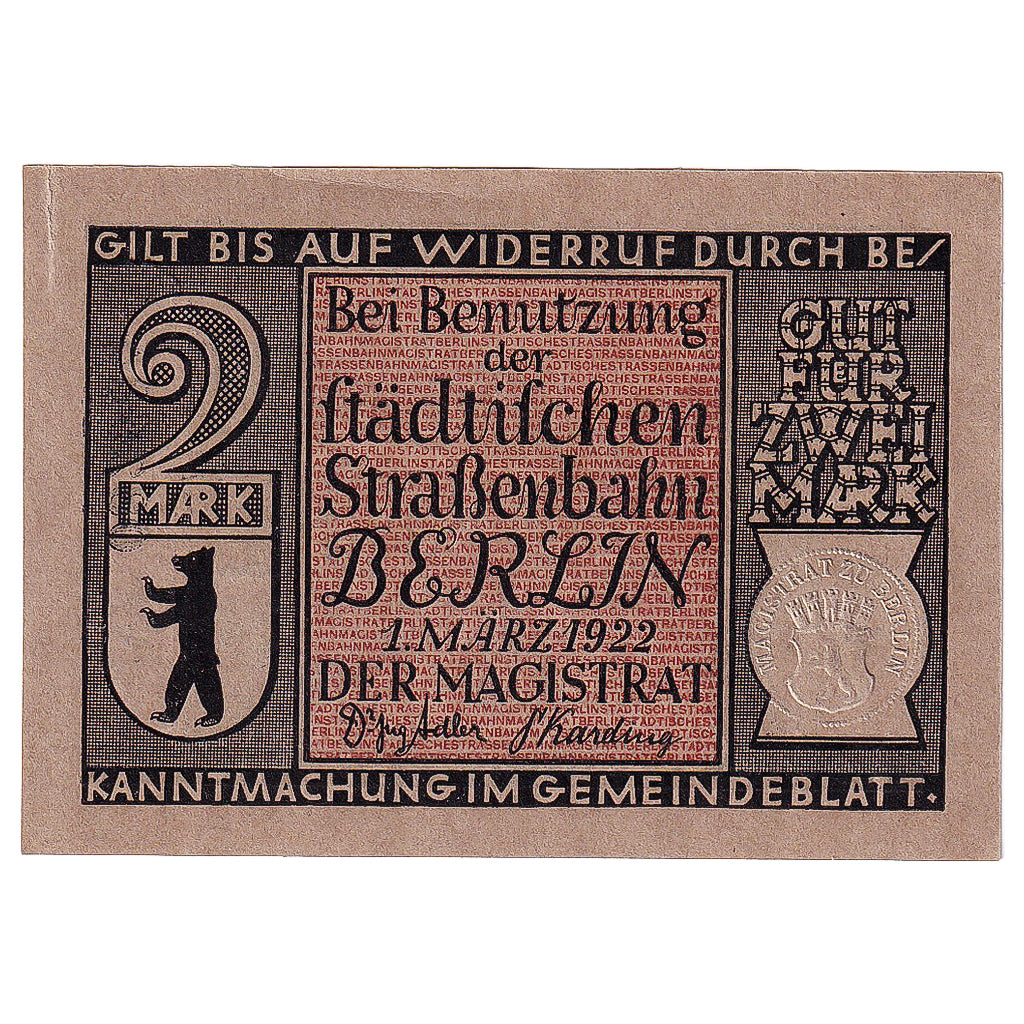 Banknot, Niemcy, Berlin, 2 Mark, fleuve, 1922, 1922-03-01, UNC(63), Mehl:92.3