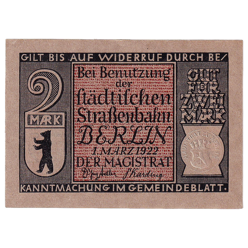 Banknot, Niemcy, Berlin, 2 Mark, voiture, 1922, 1922-03-01, UNC(63), Mehl:92.3