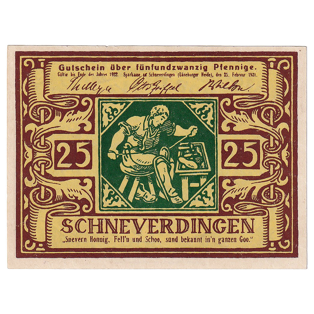 Banknot, Niemcy, Schneverdingen, 25 Pfennig, Texte, 1922, UNC(63), Mehl:1193.1