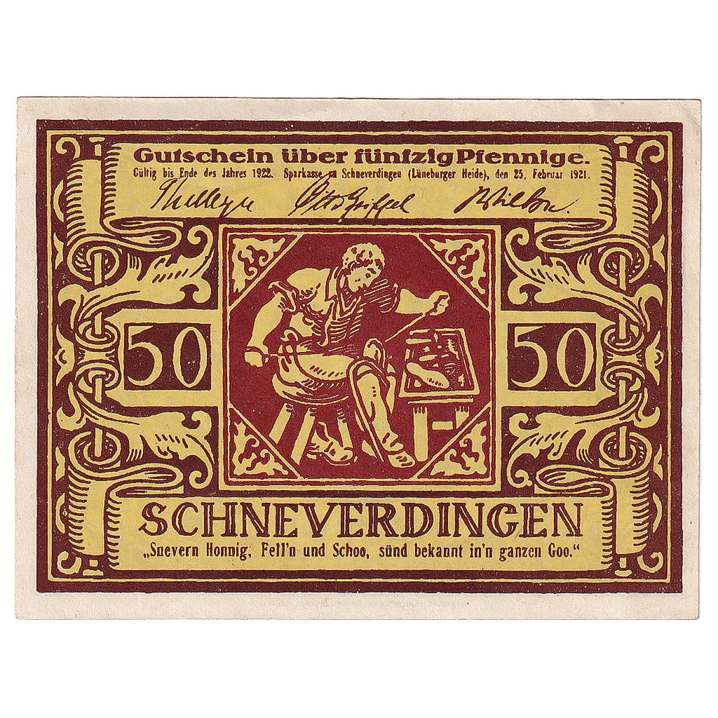 Banknot, Niemcy, Schneverdingen, 50 Pfennig, Texte, 1922, UNC(63), Mehl:1193.1