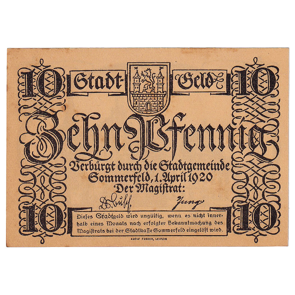 Geldschein, Deutschland, Sommerfeld, 10 Pfennig, mairie 1920-04-01 VZ Mehl:S85.6