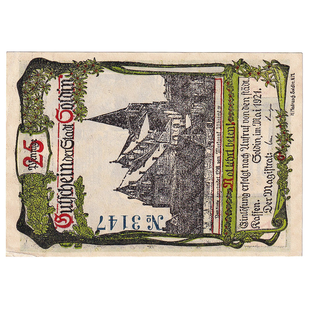 Banknot, Niemcy, Soldin, 25 Pfennig, Eglise, 1921, UNC(63), Mehl:1235.2