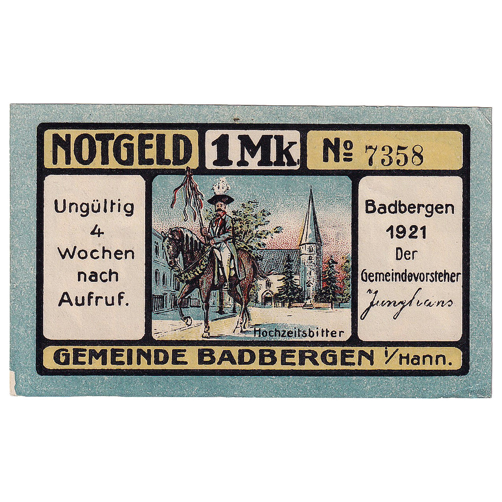 Geldschein, Deutschland, Badbergen, 1 Mark, cheval, 1921, UNZ-, Mehl:58.1