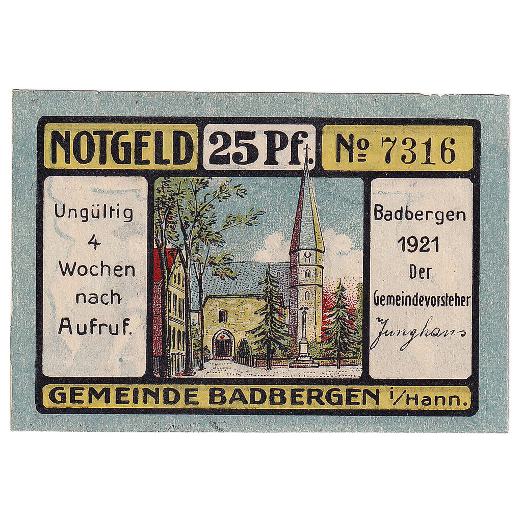 Banknot, Niemcy, Badbergen, 25 Pfennig, Eglise, 1921, UNC(63), Mehl:58.1